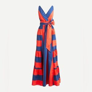 RARE J-Crew dark orange & Blue Striped Maxi v-neck Dress with two pockets